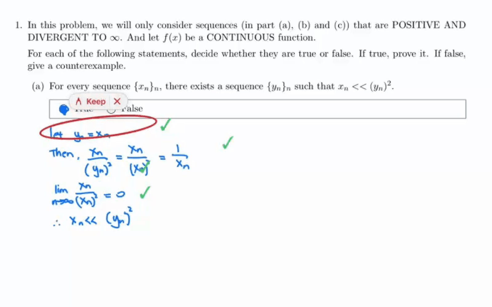 A handwritten proof graded on the page: red circle on the wrong step, green checkmarks on the correct ones